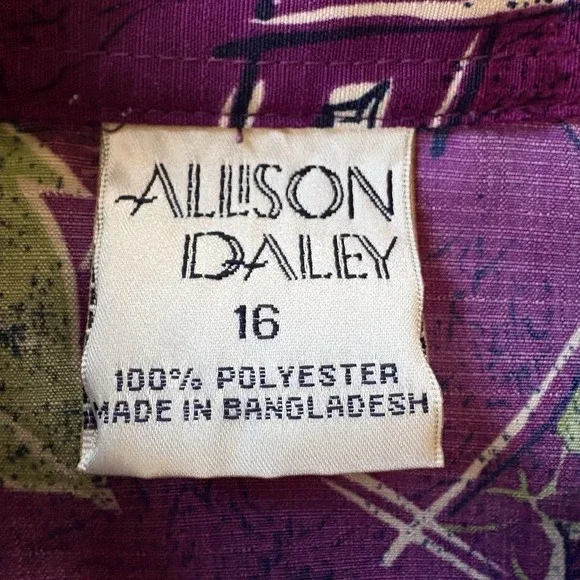 Vintage Allison Daley Purple Tropical Button Front Blouse Size 16 Shoulder Pads - Picture 3 of 11